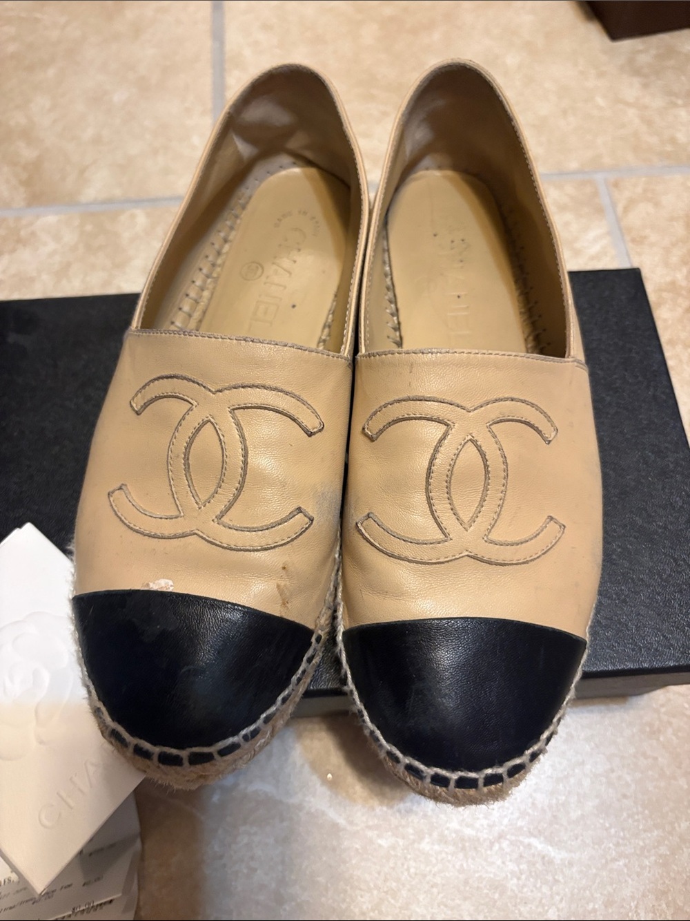 CHANEL Beige Leather Espadrille Slip-Ons with Black Cap Toes - Picture 9 of 9